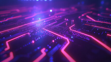 Poster - Futuristic circuit board with glowing lights in neon colors for technology design