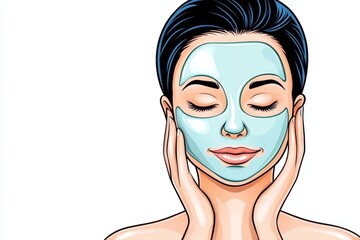 Poster - a 2D cartoon illustration of a woman having a spa day with a face mask, relaxing and rejuvenating, white background