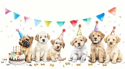 Wall Mural - a watercolor painting of six puppies celebrating a birthday, with a cake and party hats.