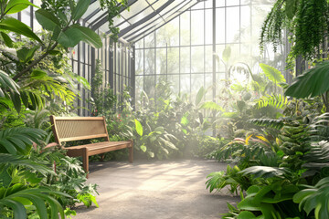 Wall Mural - a botanical greenhouse-style 3d background room with large glass walls, lush tropical plants, and so