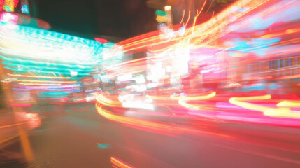 Poster - Vibrant urban night scene with colorful light trails in motion
