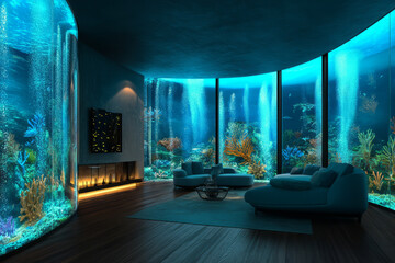 Wall Mural - A deep-sea-inspired 3D background room, submerged in an underwater environment with bioluminescent coral formations glowing softly. The transparent walls provide a full view of the mesmerizing marine