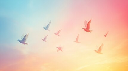 Poster - Birds gracefully flying across a colorful pastel sky during sunset. Generative AI