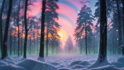 Wall Mural - winter sunset illuminates a snowy forest with colorful skies and towering trees