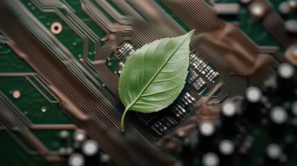 Poster - Leaf positioned on a circuit board representing nature and technology connection