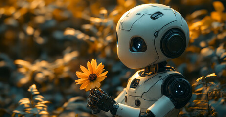 Poster - In a calm garden setting, a humanoid robot delicately holds a vibrant yellow flower, representing harmony between technology and nature during sunset.