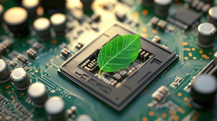 Poster - Green leaf resting on a computer chip surrounded by technology and nature elements