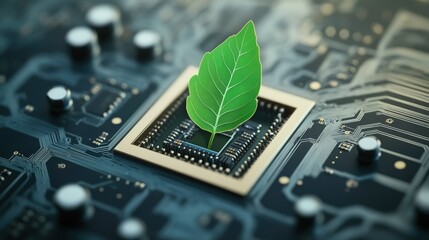 Poster - Green leaf resting on a circuit board with digital technology background