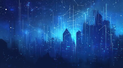 Poster - Futuristic city skyline, night, network, connections, glowing, digital art, website background