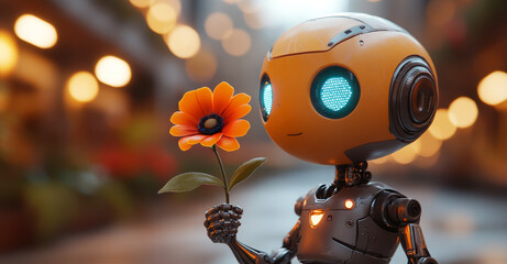 Poster - A humanoid robot stands in a bustling urban setting, gently holding a vibrant flower, representing unity and harmony between technology and nature.