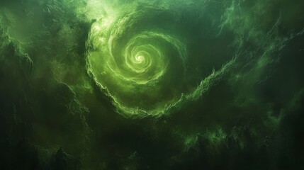 Wall Mural - an abstract swirling green spiral formation set against dark clouds