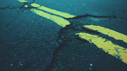 Aufkleber - Dark cracked asphalt texture with yellow road lines for urban design