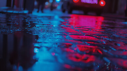 Poster - Vibrant neon reflections on wet cobblestone street at night