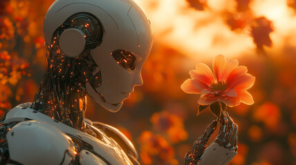 Poster - A humanoid robot delicately holds a blooming flower, embodying a moment of tranquility and connection with nature as the sun sets in a serene landscape.