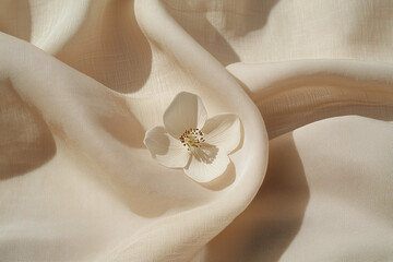 Poster - Elegant Blossom and Fabric: A delicate white flower rests gracefully upon a cascade of flowing fabric, capturing a sense of serene beauty and subtle sophistication.