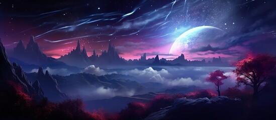 Fantasy starry sky night with mountain and lake milky way landscape. AI generated image