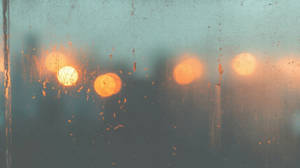 Poster - Urban evening through textured glass: atmospheric window view