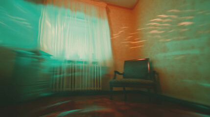 Poster - Surreal scene with distorted furniture in empty room for abstract design