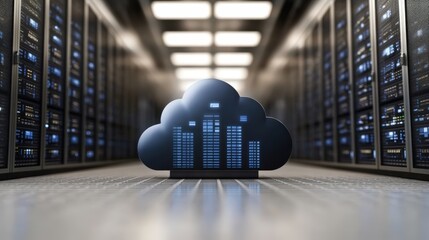 Poster - Cloud technology representation in a modern server room with equipment and data storage systems