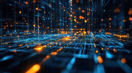Poster - Abstract digital network, data flow, glowing nodes, futuristic city, tech background