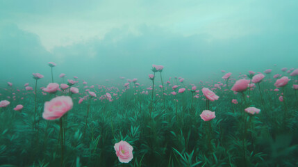 Poster - Serene landscape of endless flower fields under misty sky