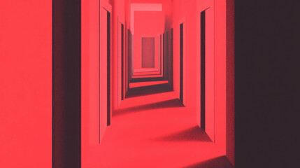 Aufkleber - Abstract concept of infinite hallways with repeating doors in vibrant red design