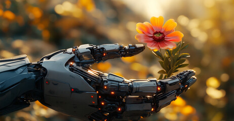 Poster - A humanoid robot gently holds a vibrant flower in its hand, symbolizing harmony between technology and nature during a tranquil sunset.