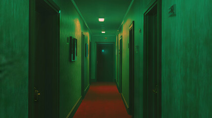 Poster - Mysterious endless hallways with repeating doors in eerie green light - surreal interior design concept