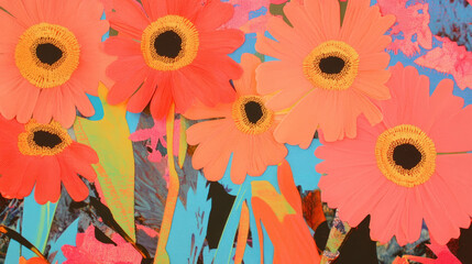 Poster - Vibrant floral pattern with cutout flowers and stitched fabric background for art and design
