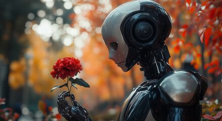 Poster - In a tranquil autumn environment, a humanoid robot gently holds a vibrant red flower, embodying serenity and harmony amidst colorful foliage.