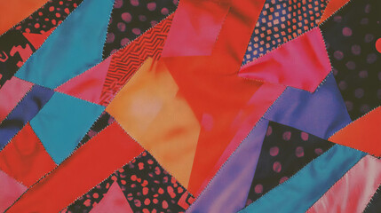 Poster - Colorful fabric patchwork of cutout triangles and stitched patterns for creative design