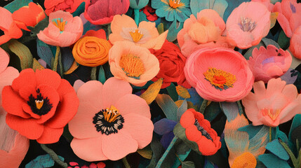 Poster - Vibrant felt cutout flowers mixed media art background for creative designs
