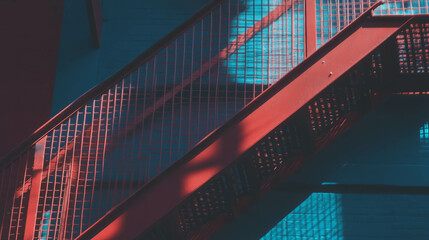 Poster - Industrial fire escape with geometric shadows in urban setting for modern design
