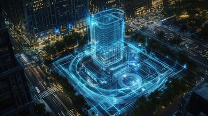 Poster - Smart building blueprint, city night, digital overlay, futuristic design, architectural visualization