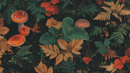 Aufkleber - Autumn forest floor with mushrooms and colorful leaves for nature-themed design