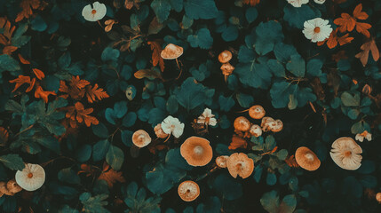Poster - Enchanting forest floor texture with lush leaves and mushrooms for nature designs