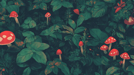 Aufkleber - Vibrant forest floor with green leaves and red mushrooms for natural design background