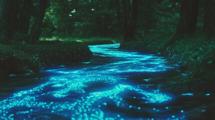 Poster - Enchanting forest stream with glowing algae for nature design inspiration