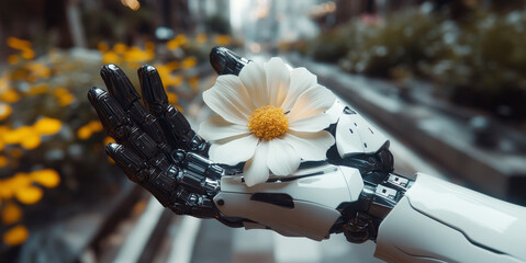 Poster - A humanoid robot gently cradles a white flower in its metallic hand surrounded by blooming plants in an urban garden setting, symbolizing peace and unity.