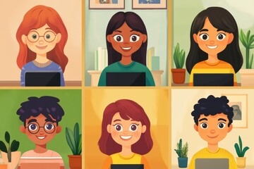 Aufkleber - Vibrant video call with a diverse group of smiling friends connecting online in a cozy home setting. Generative AI