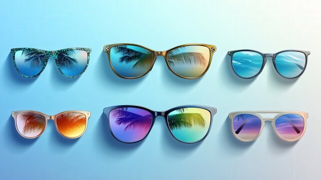 A collection of summer vacation design elements, featuring stylish sunglasses with reflections of a tropical sky