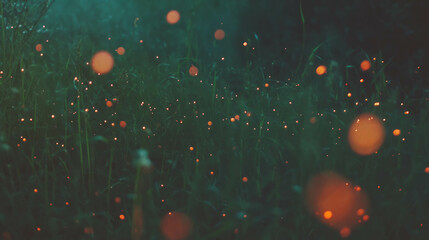 Poster - Magical evening landscape with glowing fireflies in nature