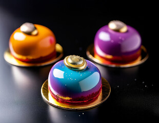 Wall Mural - Bright mousse cakes with mirror glaze on the showcase. Smooth surface, perfect shapes and exquisite decor create the effect of luxury. The concept of modern desserts and confectionery art.