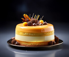 Wall Mural - Bright mousse cakes with mirror glaze on the showcase. Smooth surface, perfect shapes and exquisite decor create the effect of luxury. The concept of modern desserts and confectionery art.