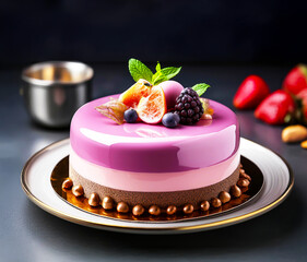 Wall Mural - Bright mousse cakes with mirror glaze on the showcase. Smooth surface, perfect shapes and exquisite decor create the effect of luxury. The concept of modern desserts and confectionery art.