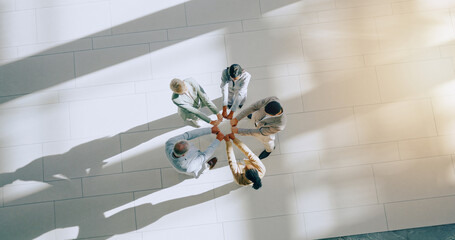 Aufkleber - Top view of business people, fist bump and support in team, success and solidarity with mission and synergy, Hands together, corporate group in circle with support and collaboration in meeting