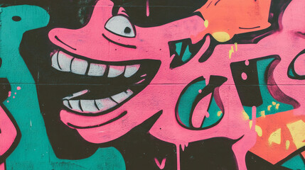 Poster - Vibrant graffiti art on urban wall featuring colorful character and bold texture