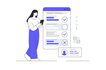 Aufkleber - online survey concept. woman character put cross or tick in questionnaire or quiz on web page with p