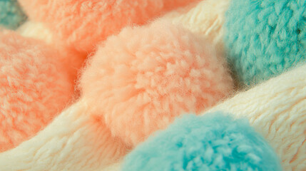Poster - Soft knitted fabric background with colorful pom poms texture for cozy winter designs