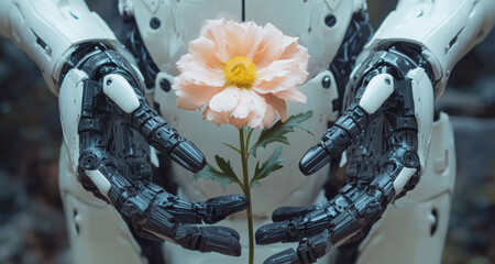 Poster - A humanoid robot stands peacefully, gently holding a soft blossom between its hands, symbolizing harmony between technology and nature.